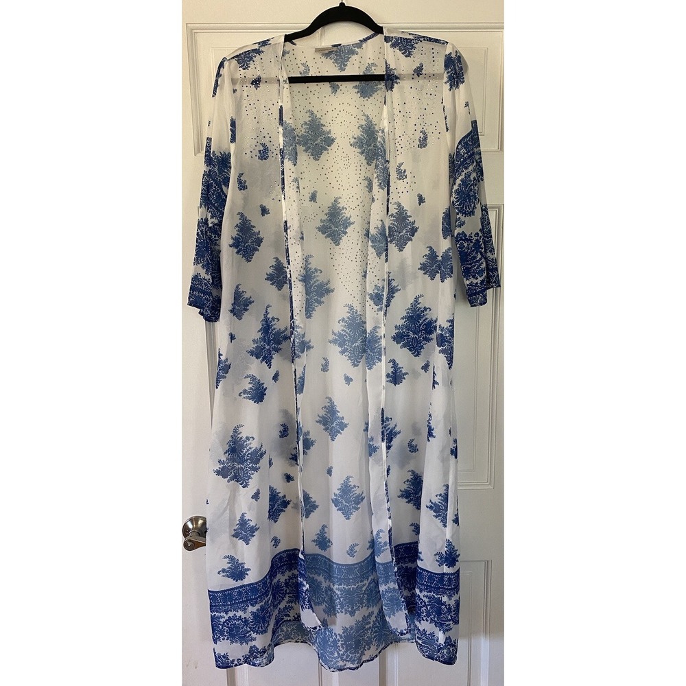 Avenue Women's Blue White Swimsuit Cover Up Sheer Embellished SZ 14/16